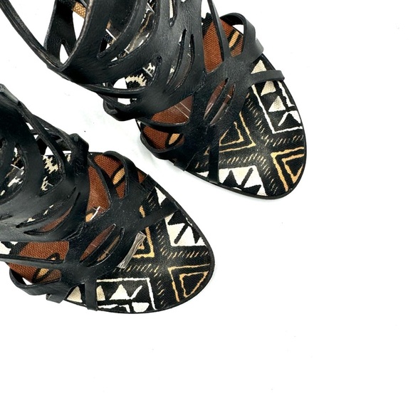 CASADEI BLACK LETTER STRAPPY SANDALS ANKLE BROWN NEUTRAL HEELS TRIBAL SANDALS 7 - Picture 12 of 15